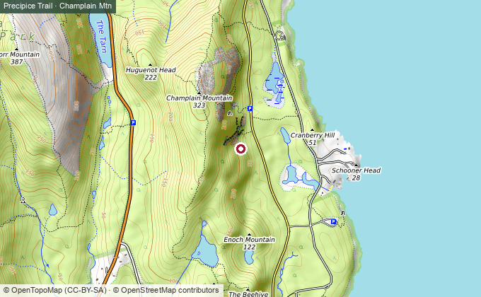 Topographic map of the Precipice Trail on Champlain Mountain