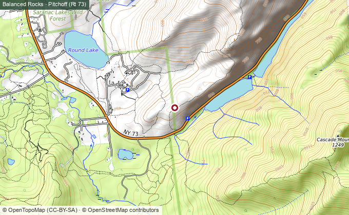 Topographic map of the Balanced Rocks trail on Pitchoff, Keene