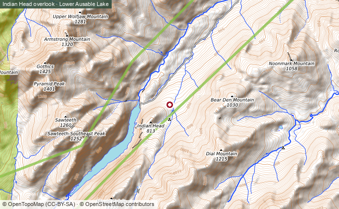 Topographic map of Indian Head overlook above Lower Ausable Lake