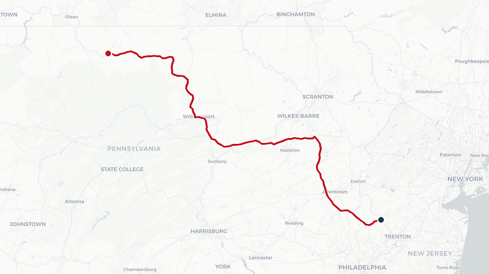 Driving route from New Hope in Bucks County, northwest across Pennsylvania to Coudersport near the northern tier, much of the back half following US 6